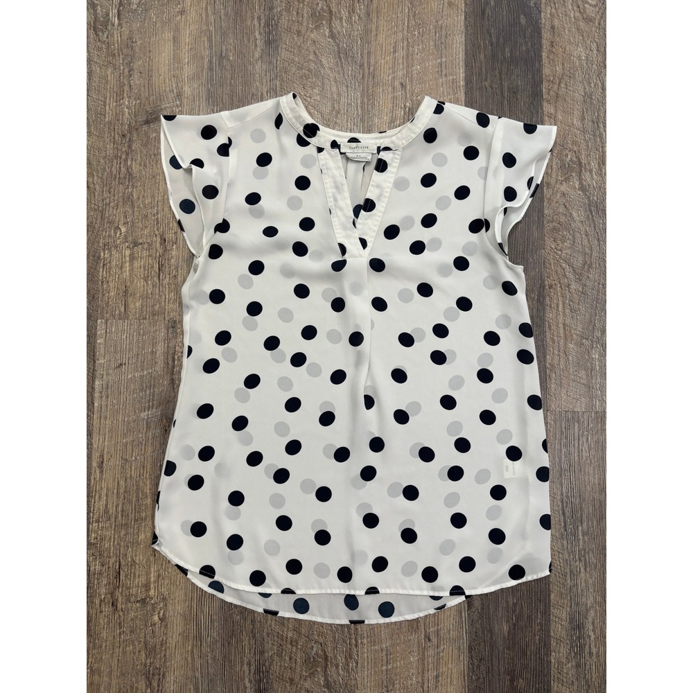 Van Heusen Womens Polka Dot Flutter Sleeve V-Neck Blouse White Black Small
